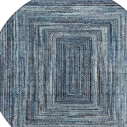 8' Blue Navy Blue And Ivory Round Geometric Washable Indoor Outdoor Area Rug