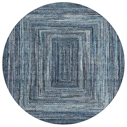 8' Blue Navy Blue And Ivory Round Geometric Washable Indoor Outdoor Area Rug