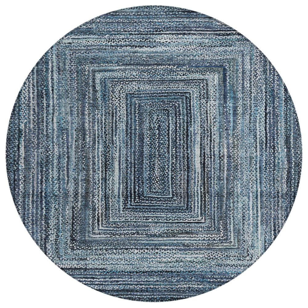 8' Blue Navy Blue And Ivory Round Geometric Washable Indoor Outdoor Area Rug — view 1