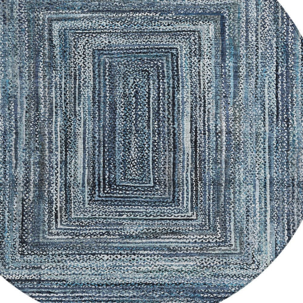 8' Blue Navy Blue And Ivory Round Geometric Washable Indoor Outdoor Area Rug