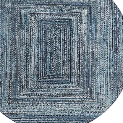 8' Blue Navy Blue And Ivory Round Geometric Washable Indoor Outdoor Area Rug HomeRoots