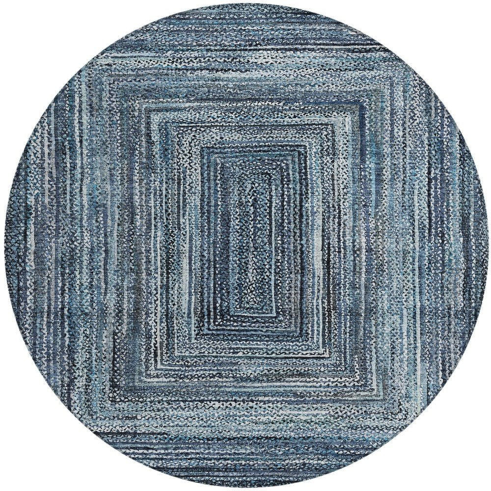 8' Blue Navy Blue And Ivory Round Geometric Washable Indoor Outdoor Area Rug HomeRoots