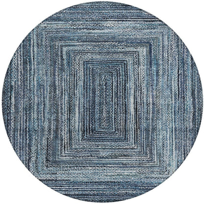 8' Blue Navy Blue And Ivory Round Geometric Washable Indoor Outdoor Area Rug HomeRoots