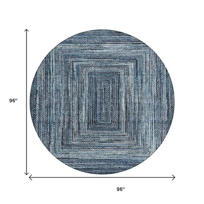 8' Blue Navy Blue And Ivory Round Geometric Washable Indoor Outdoor Area Rug