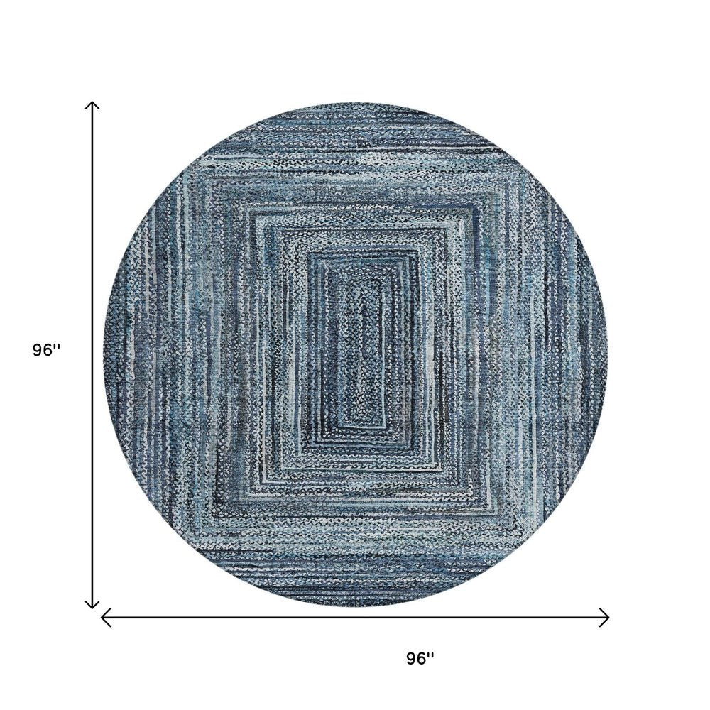 8' Blue Navy Blue And Ivory Round Geometric Washable Indoor Outdoor Area Rug — view 5