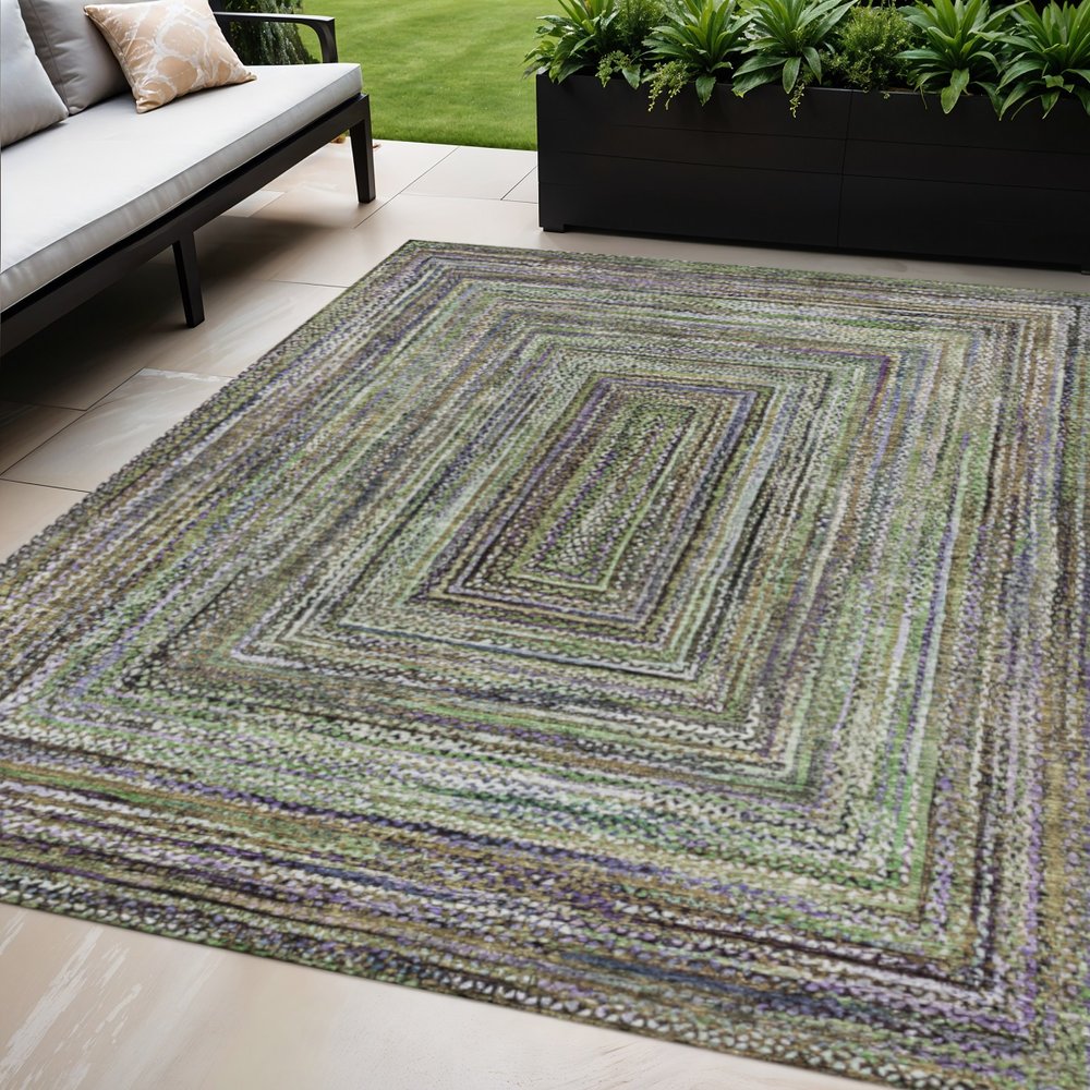 5' X 8' Olive Green Lavender And Fern Green Geometric Washable Indoor Outdoor Area Rug — view 1