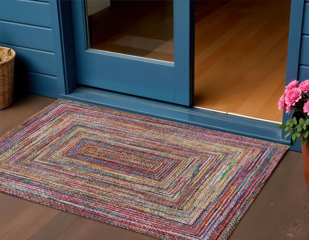 3' X 5' Rust Blue And Gold Geometric Washable Indoor Outdoor Area Rug — view 7