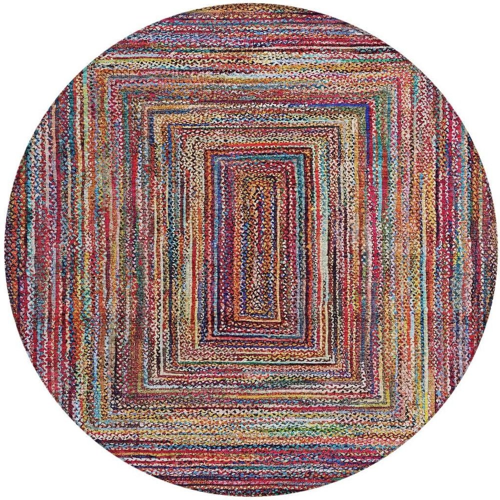 8' Rust Blue And Gold Round Geometric Washable Indoor Outdoor Area Rug HomeRoots