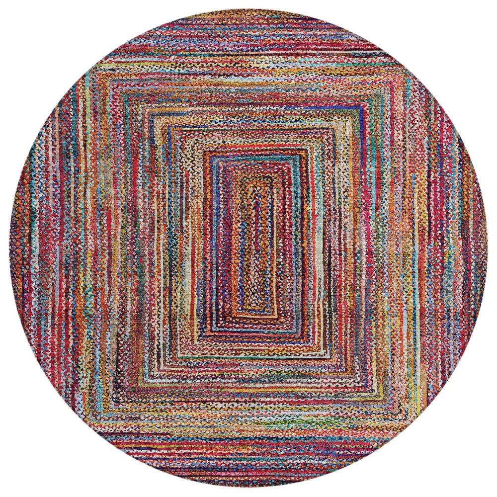 8' Rust Blue And Gold Round Geometric Washable Indoor Outdoor Area Rug — view 1