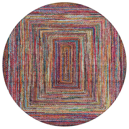 8' Rust Blue And Gold Round Geometric Washable Indoor Outdoor Area Rug