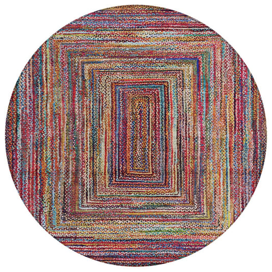 8' Rust Blue And Gold Round Geometric Washable Indoor Outdoor Area Rug