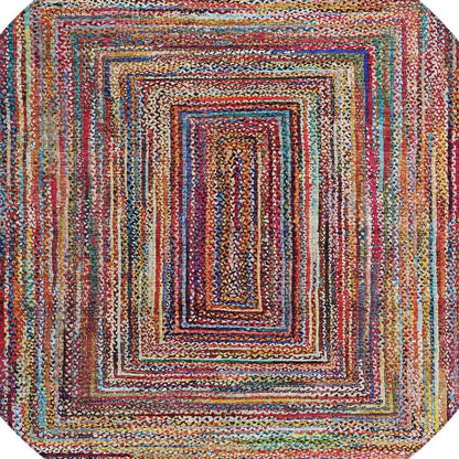 8' Rust Blue And Gold Round Geometric Washable Indoor Outdoor Area Rug HomeRoots