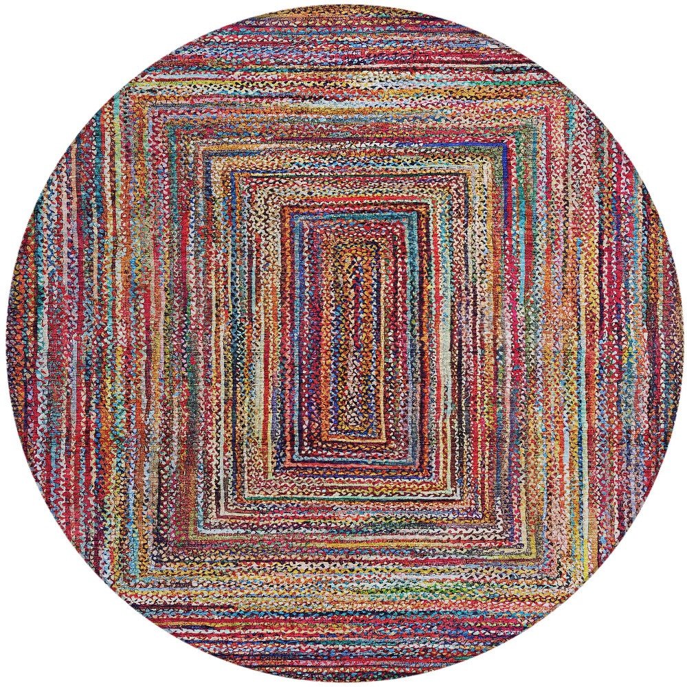 8' Rust Blue And Gold Round Geometric Washable Indoor Outdoor Area Rug