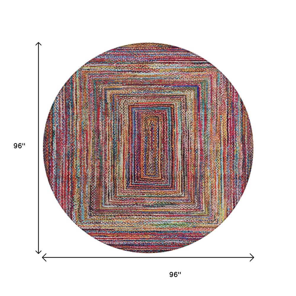 8' Rust Blue And Gold Round Geometric Washable Indoor Outdoor Area Rug — view 5
