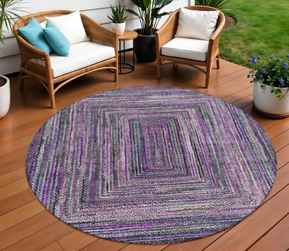 8' Purple Lavender And Gray Round Geometric Washable Indoor Outdoor Area Rug HomeRoots