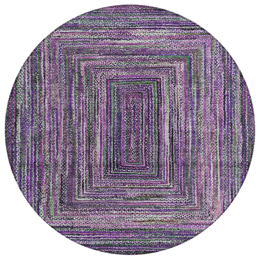 8' Purple Lavender And Gray Round Geometric Washable Indoor Outdoor Area Rug HomeRoots