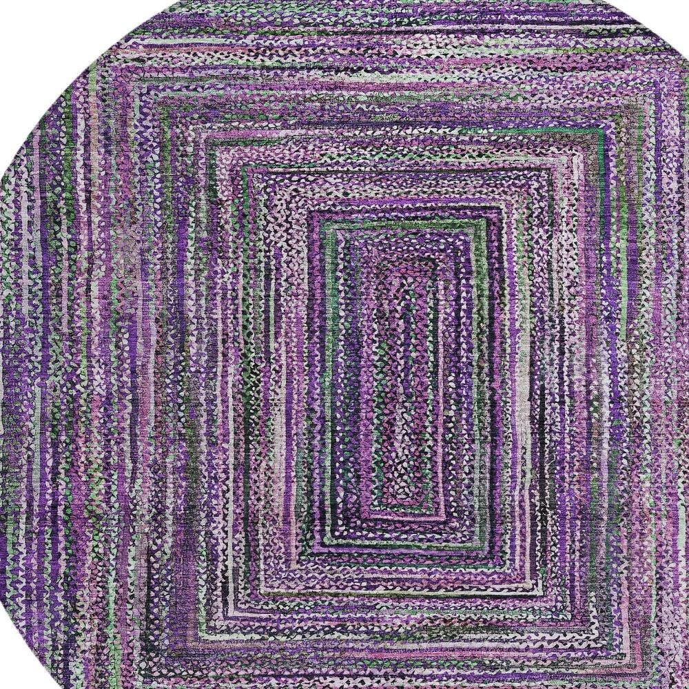 8' Purple Lavender And Gray Round Geometric Washable Indoor Outdoor Area Rug HomeRoots
