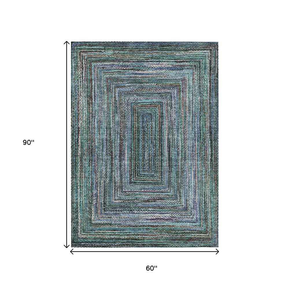 5' X 8' Teal Blue Brown And Ivory Geometric Washable Indoor Outdoor Area Rug HomeRoots