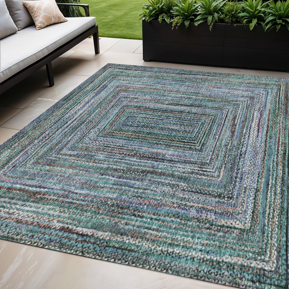 5' X 8' Teal Blue Brown And Ivory Geometric Washable Indoor Outdoor Area Rug — view 8