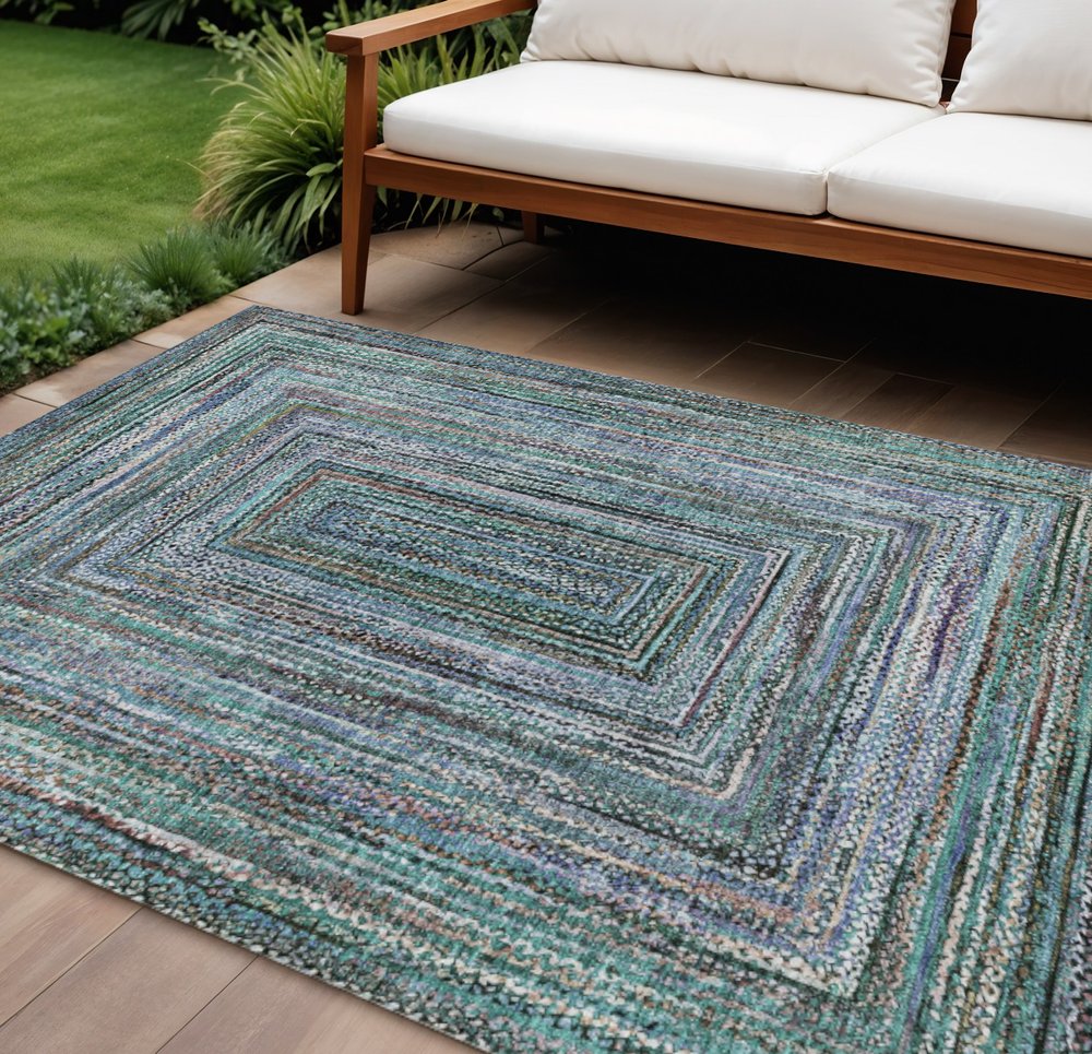 8' X 10' Teal Blue Brown And Ivory Geometric Washable Indoor Outdoor Area Rug HomeRoots