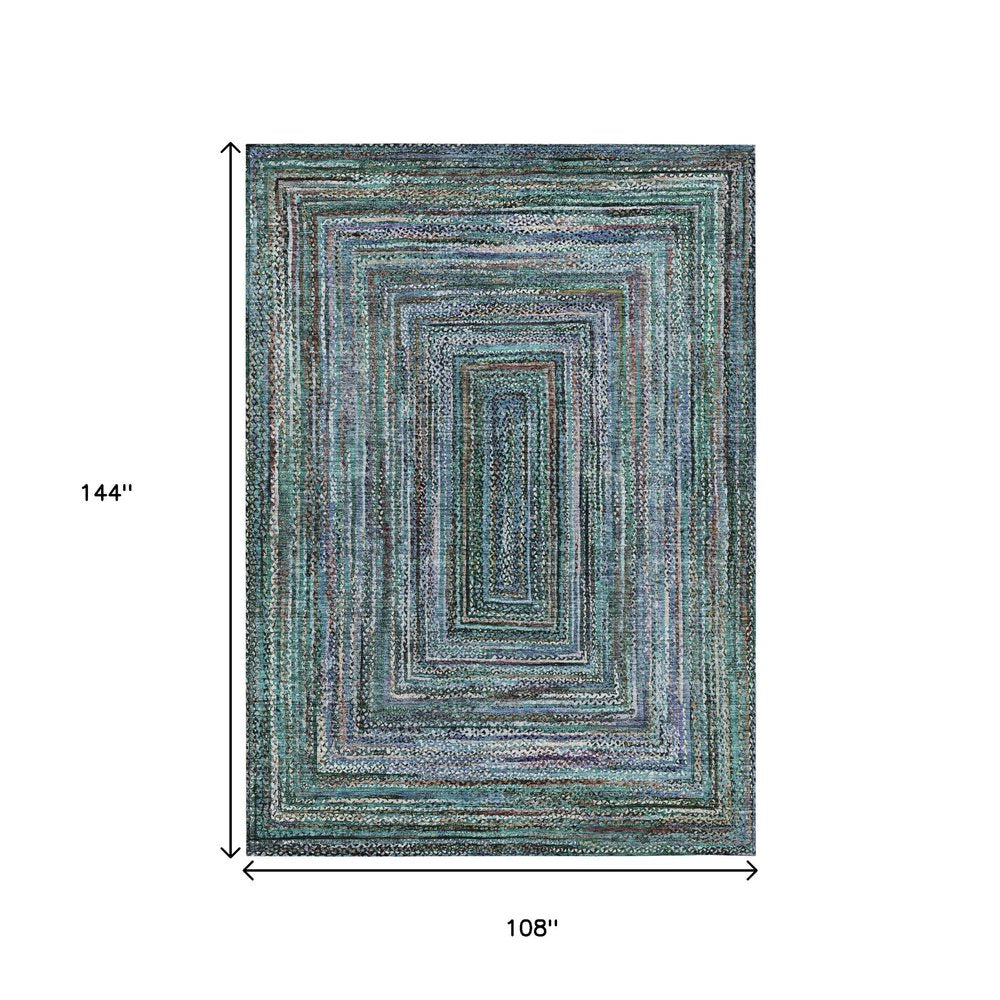 9' X 12' Teal Blue Brown And Ivory Geometric Washable Indoor Outdoor Area Rug — view 7
