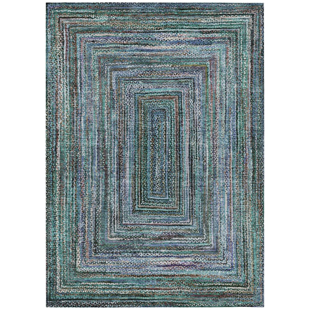 9' X 12' Teal Blue Brown And Ivory Geometric Washable Indoor Outdoor Area Rug — view 1