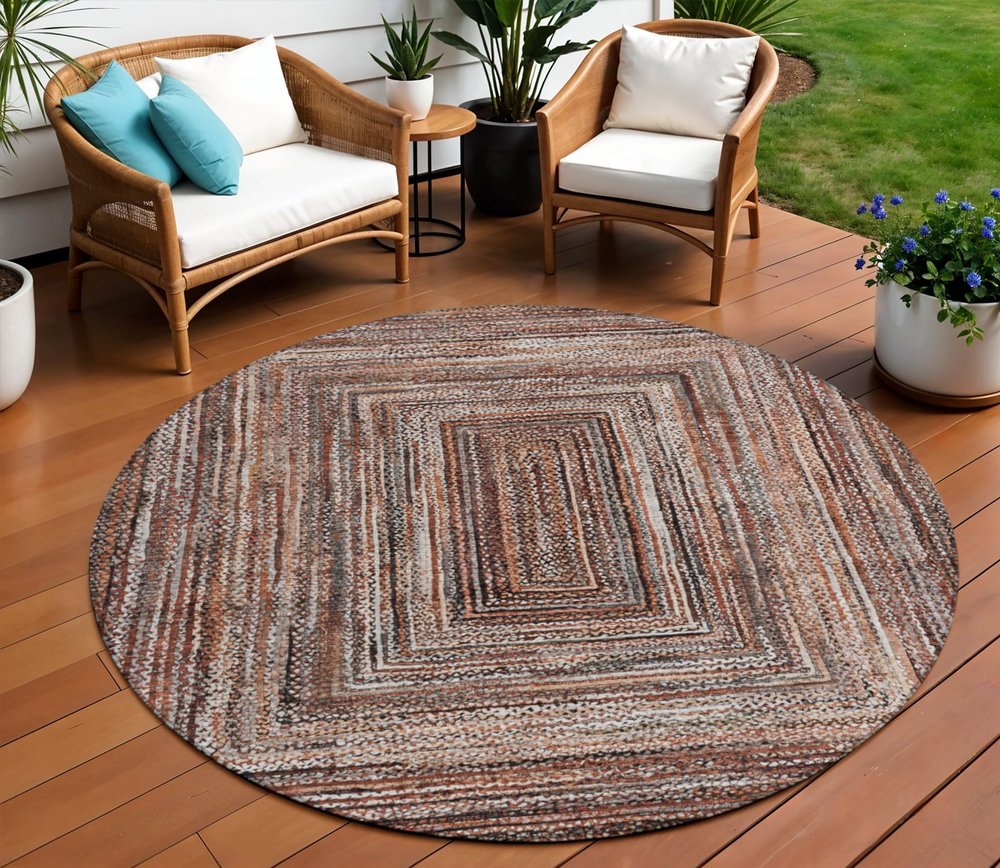 8' Terra Cotta Copper And Beige Round Geometric Washable Indoor Outdoor Area Rug — view 6