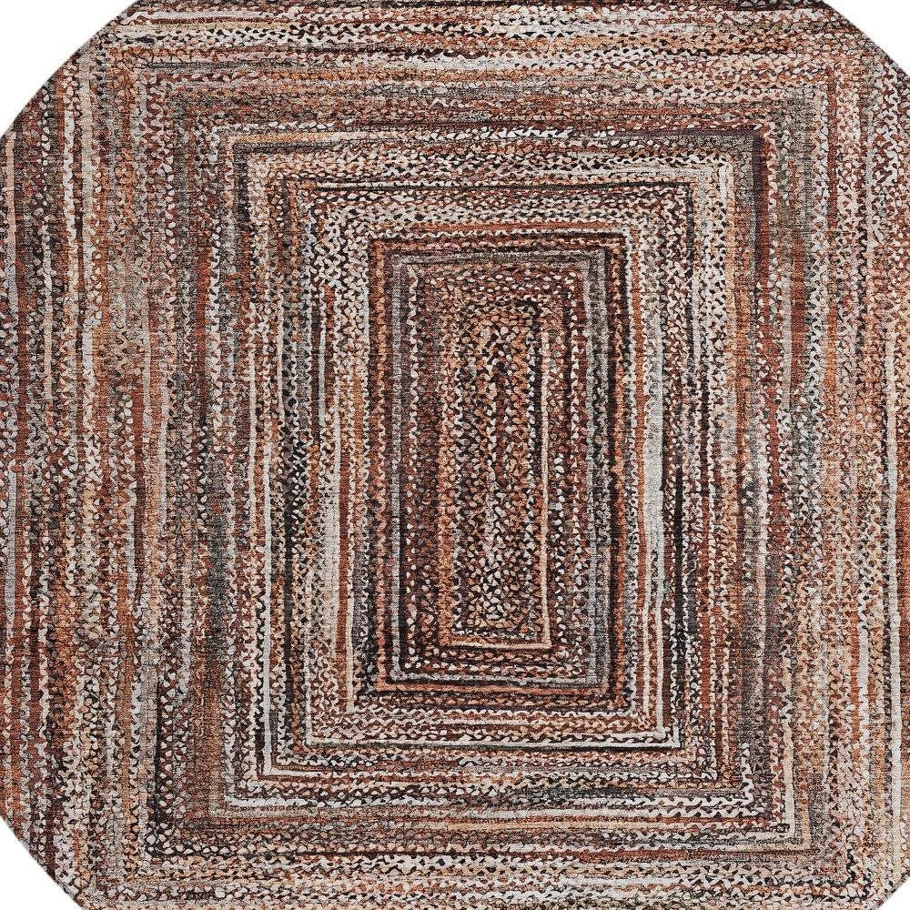 8' Terra Cotta Copper And Beige Round Geometric Washable Indoor Outdoor Area Rug — view 3