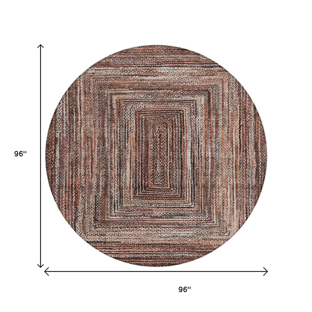 8' Terra Cotta Copper And Beige Round Geometric Washable Indoor Outdoor Area Rug — view 5
