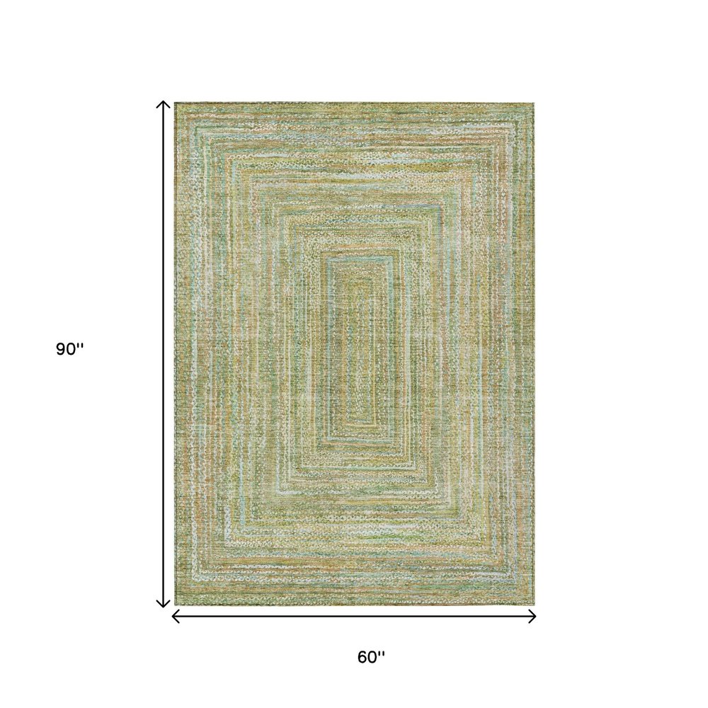 5' X 8' Artichoke Green Gold And Blue Geometric Washable Indoor Outdoor Area Rug