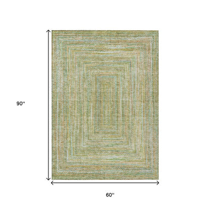 5' X 8' Artichoke Green Gold And Blue Geometric Washable Indoor Outdoor Area Rug