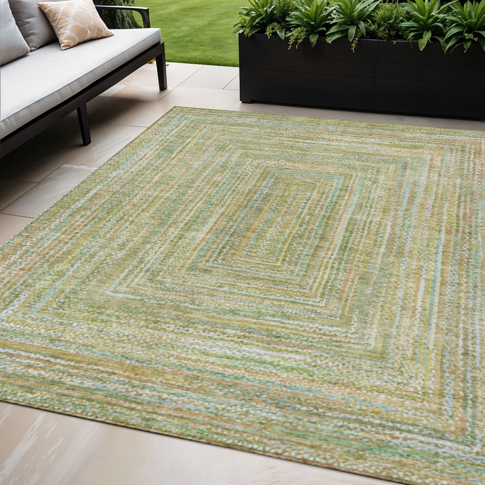 5' X 8' Artichoke Green Gold And Blue Geometric Washable Indoor Outdoor Area Rug — view 7