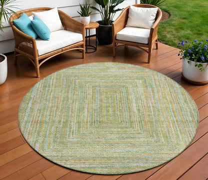 8' Artichoke Green Gold And Blue Round Geometric Washable Indoor Outdoor Area Rug HomeRoots