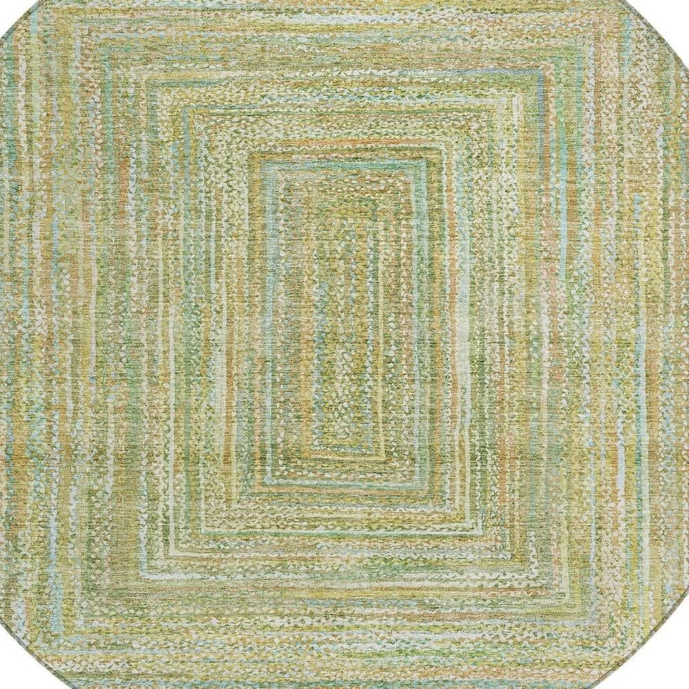 8' Artichoke Green Gold And Blue Round Geometric Washable Indoor Outdoor Area Rug HomeRoots
