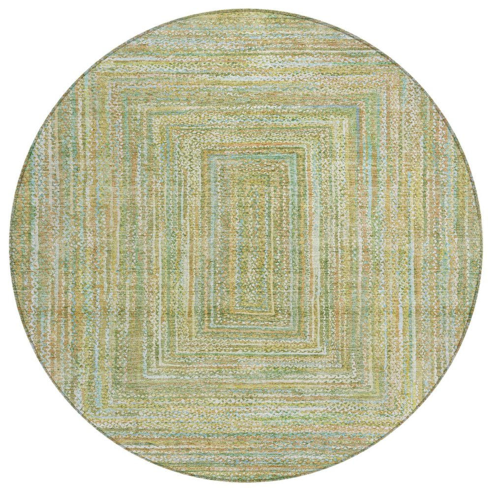 8' Artichoke Green Gold And Blue Round Geometric Washable Indoor Outdoor Area Rug — view 1