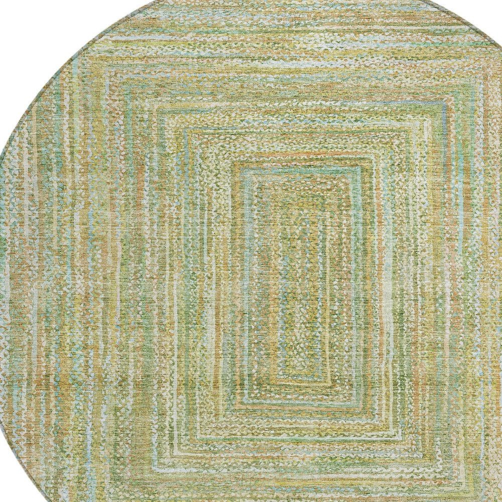 8' Artichoke Green Gold And Blue Round Geometric Washable Indoor Outdoor Area Rug HomeRoots