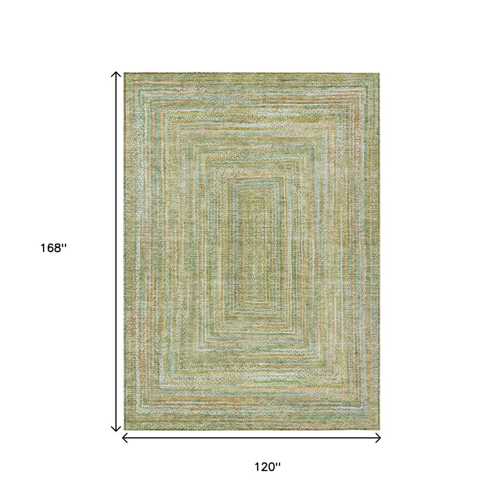10' X 14' Artichoke Green Gold And Blue Geometric Washable Indoor Outdoor Area Rug