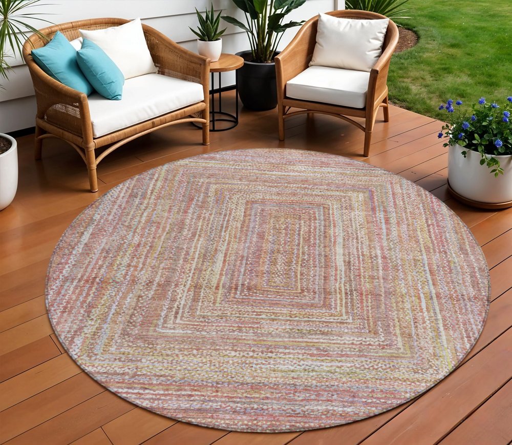 8' Rust Mauve And Coral Round Geometric Washable Indoor Outdoor Area Rug HomeRoots