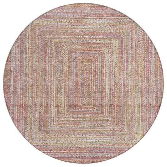 8' Rust Mauve And Coral Round Geometric Washable Indoor Outdoor Area Rug