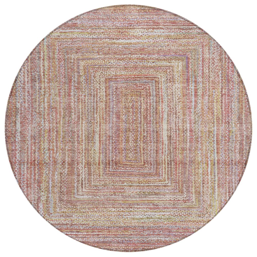 8' Rust Mauve And Coral Round Geometric Washable Indoor Outdoor Area Rug — view 1