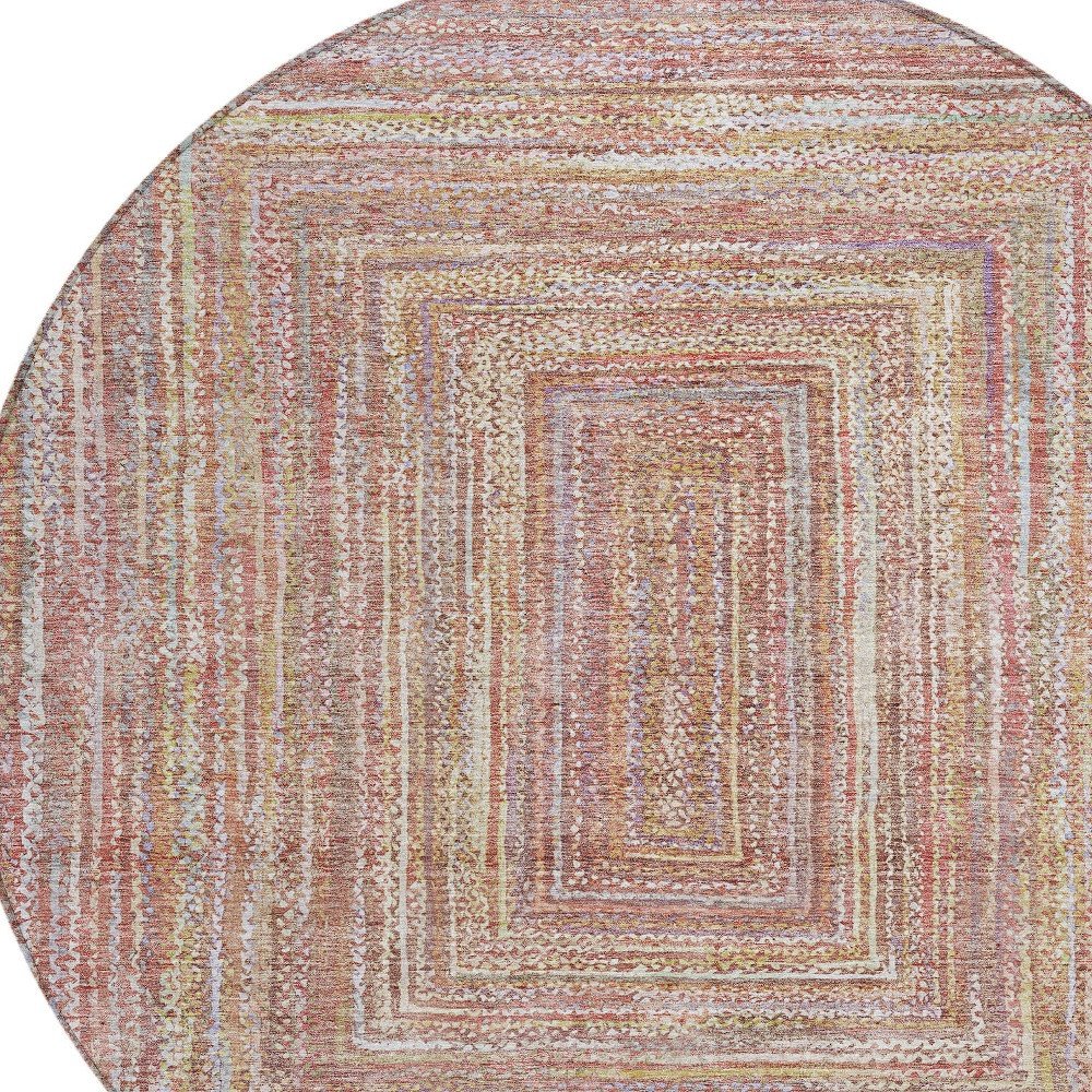 8' Rust Mauve And Coral Round Geometric Washable Indoor Outdoor Area Rug HomeRoots