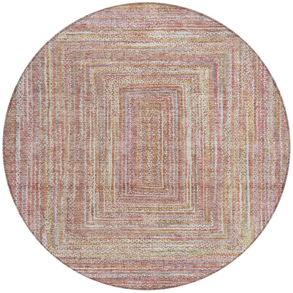8' Rust Mauve And Coral Round Geometric Washable Indoor Outdoor Area Rug — view 5