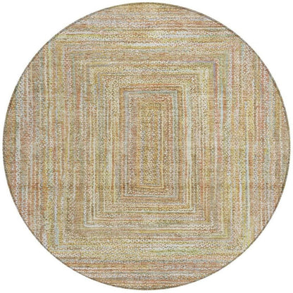 8' Tan Beige And Gold Round Geometric Washable Indoor Outdoor Area Rug HomeRoots