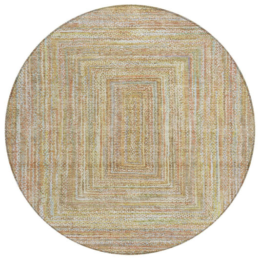 8' Tan Beige And Gold Round Geometric Washable Indoor Outdoor Area Rug