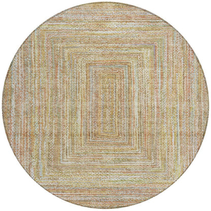 8' Tan Beige And Gold Round Geometric Washable Indoor Outdoor Area Rug HomeRoots