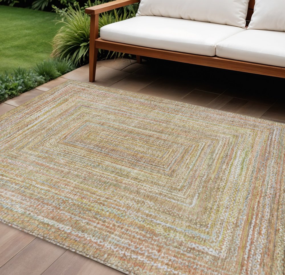 10' X 14' Tan Beige And Gold Geometric Washable Indoor Outdoor Area Rug HomeRoots