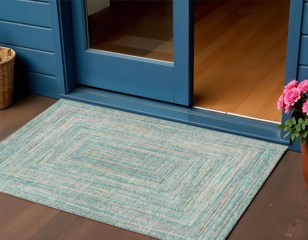 3' X 5' Teal Blue Beige And Ivory Geometric Washable Indoor Outdoor Area Rug HomeRoots