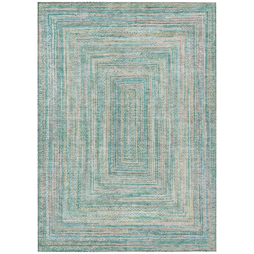 3' X 5' Teal Blue Beige And Ivory Geometric Washable Indoor Outdoor Area Rug — view 1