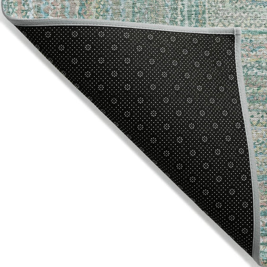 3' X 5' Teal Blue Beige And Ivory Geometric Washable Indoor Outdoor Area Rug