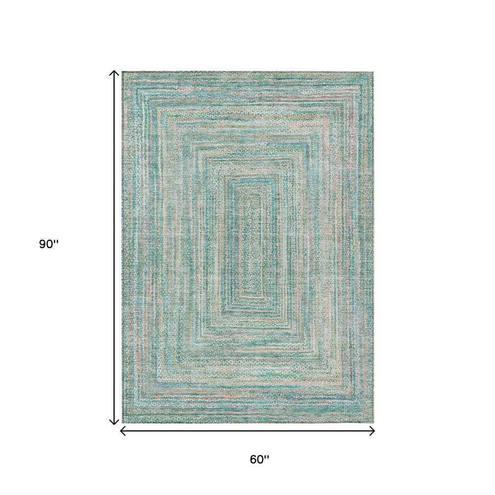 5' X 8' Teal Blue Beige And Ivory Geometric Washable Indoor Outdoor Area Rug — view 7